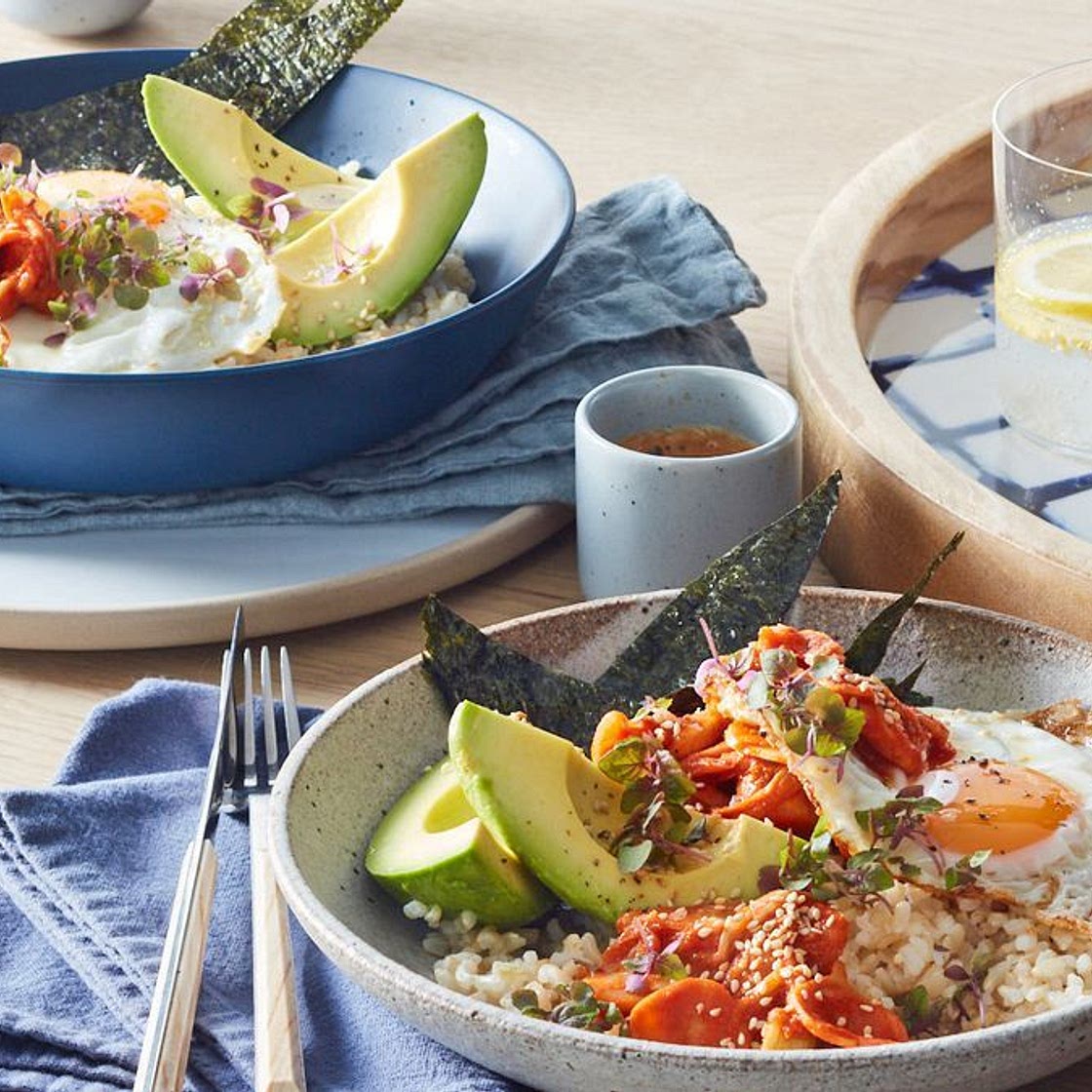 Kimchi, fried egg and brown rice brekkie bowl