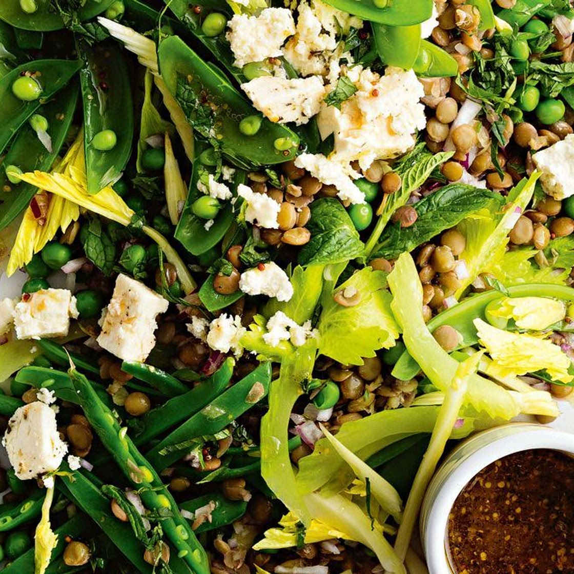 French lentil and pea salad with honey and mustard dressing