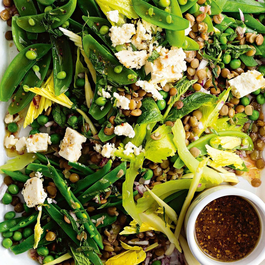 French lentil and pea salad with honey and mustard dressing