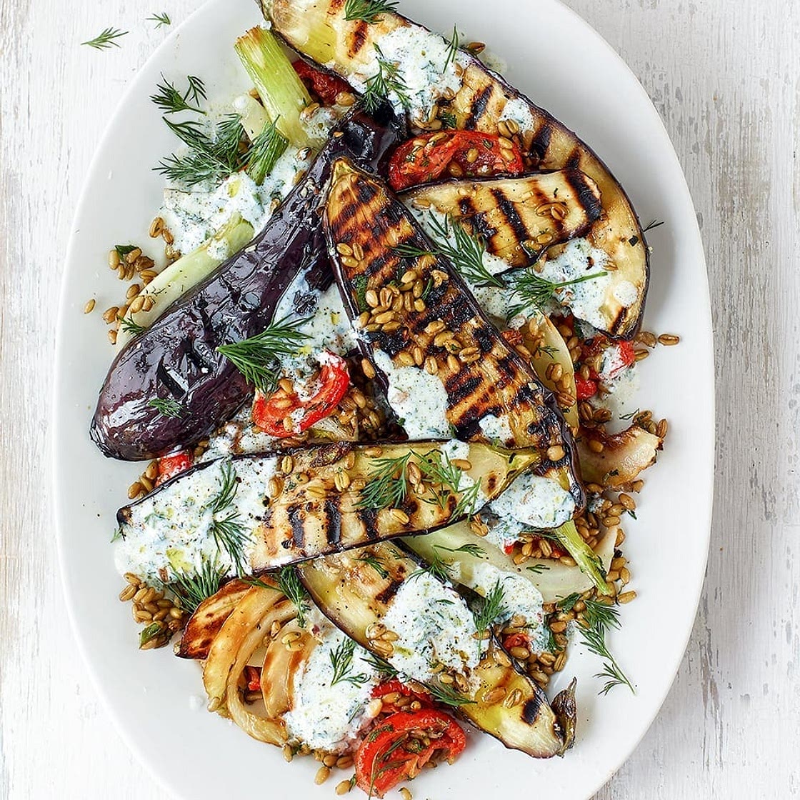 Aubergine steaks with freekeh salad and buttermilk dressing