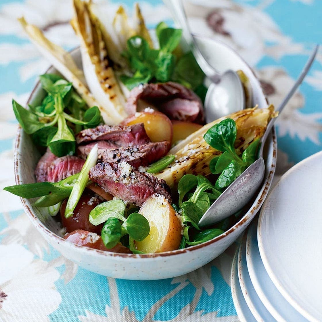 Warm potato, chicory and steak salad