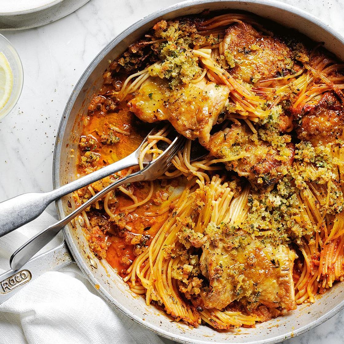 Yotam Ottolenghi's one-pan crispy spaghetti and chicken