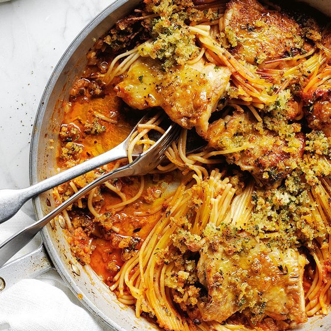 Yotam Ottolenghi's one-pan crispy spaghetti and chicken