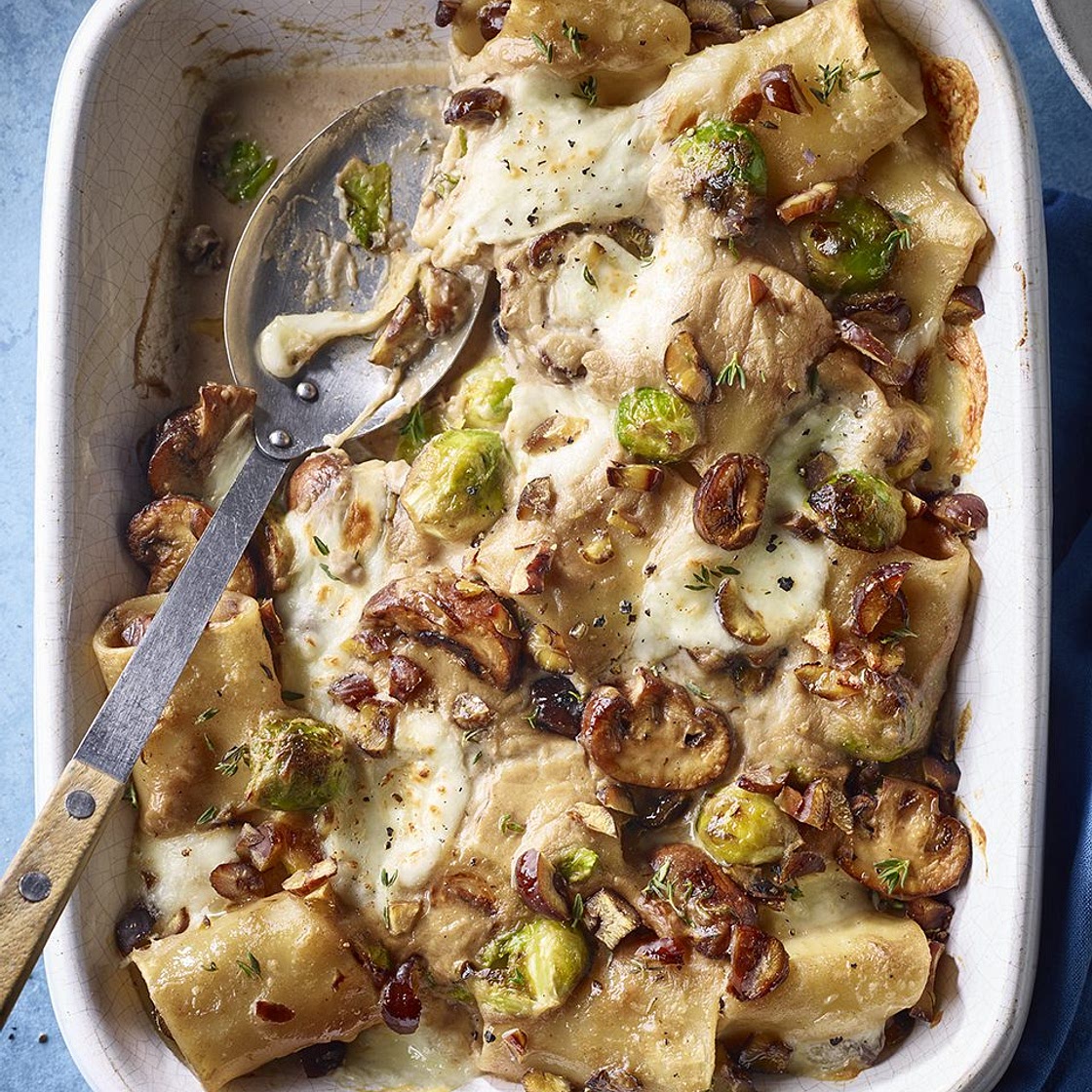 Creamy mushroom, sprout and chestnut pasta bake