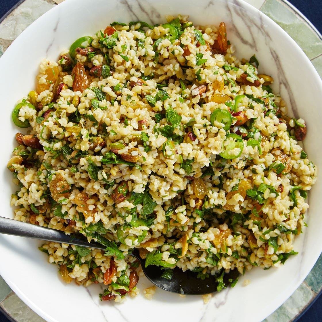 Farro with Pistachios, Mixed Herbs, and Golden Raisins
