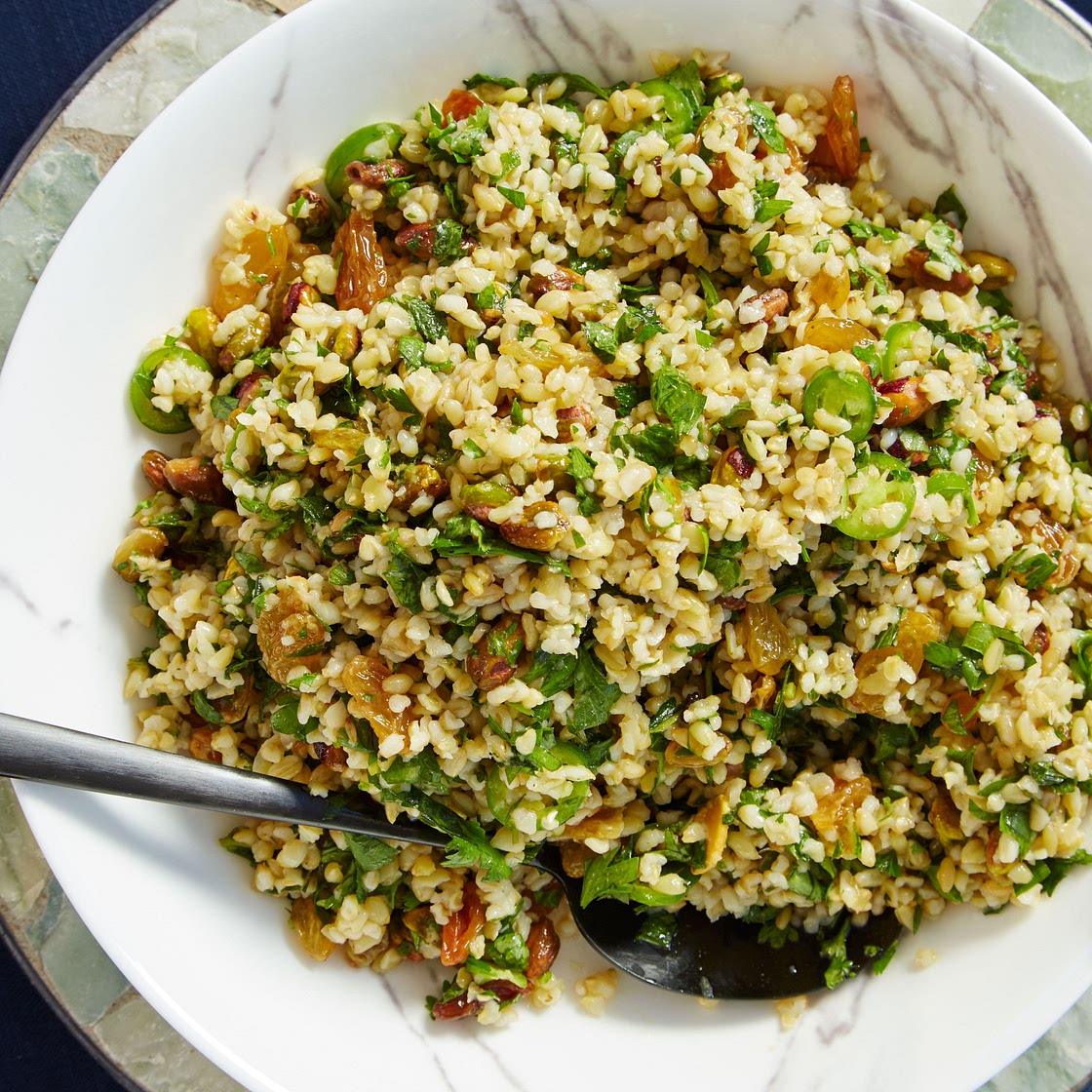 Farro with Pistachios, Mixed Herbs, and Golden Raisins