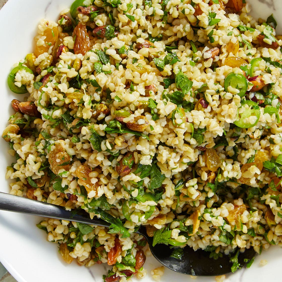 Farro with Pistachios, Mixed Herbs, and Golden Raisins