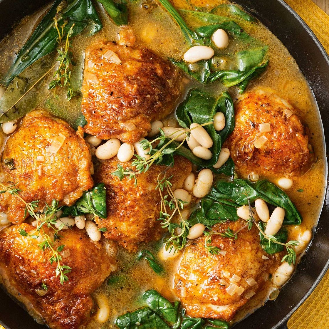 One-pan chicken with spinach and white beans