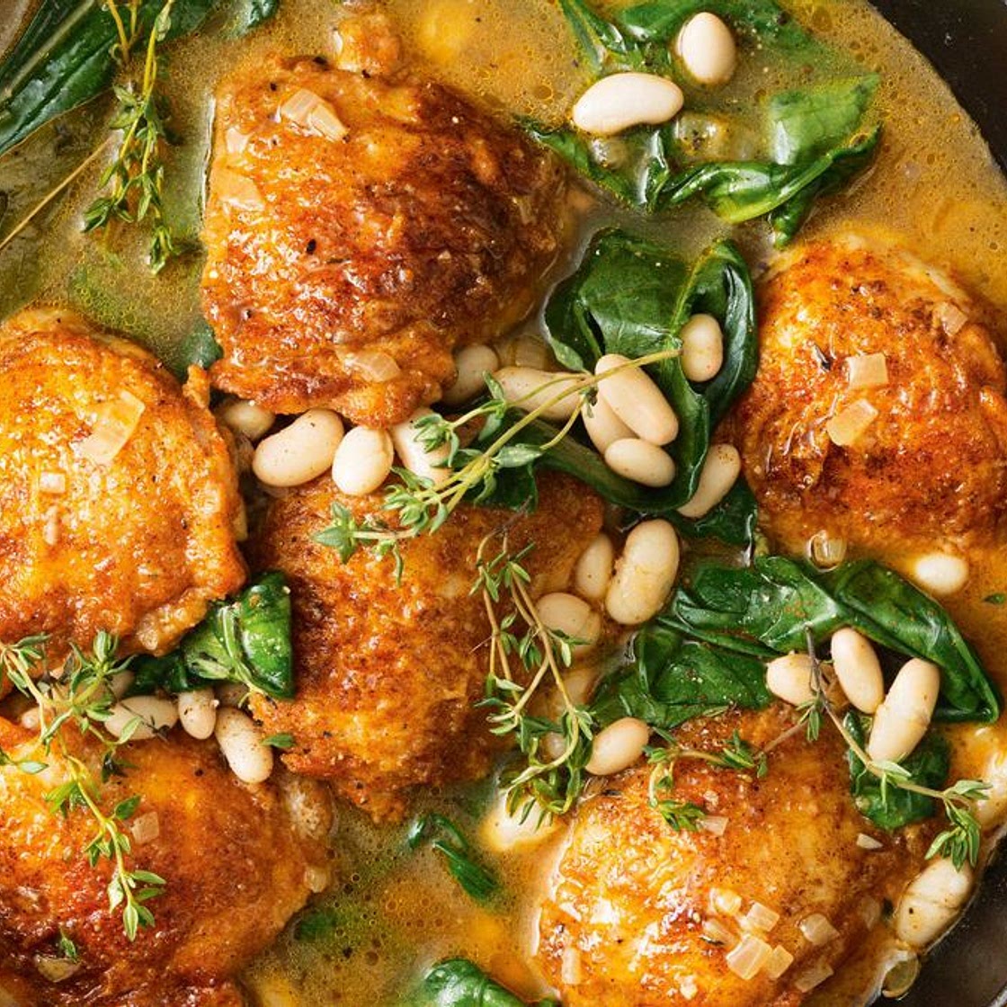 One-pan chicken with spinach and white beans