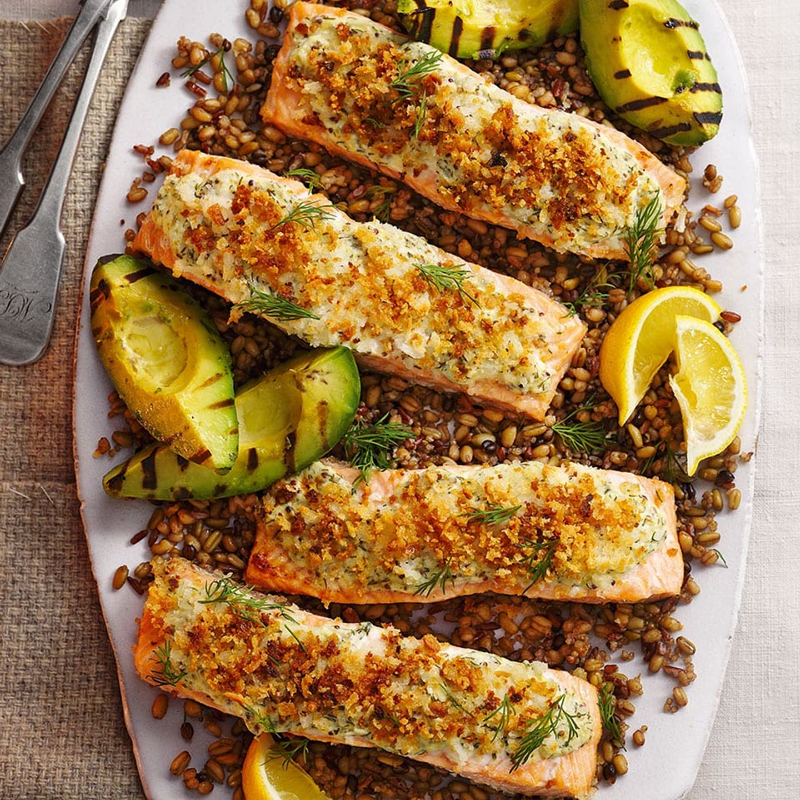 Herby crème fraîche salmon with grilled avocado