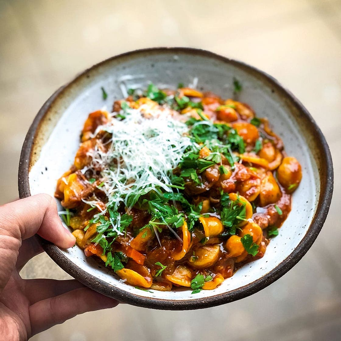 Orecchiette and chickpea tomato soup