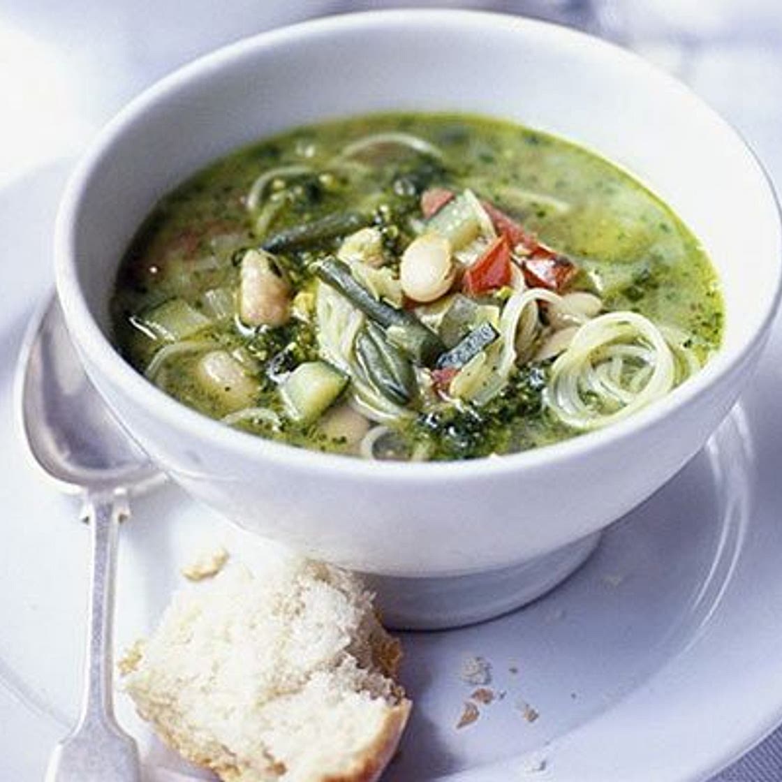 Spring vegetable soup with basil pesto