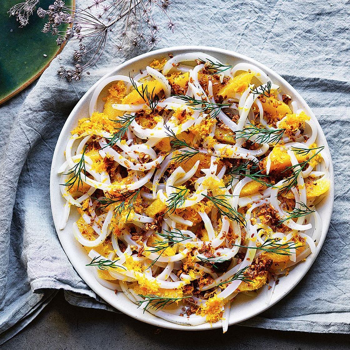 Charred calamari with orange and garlic