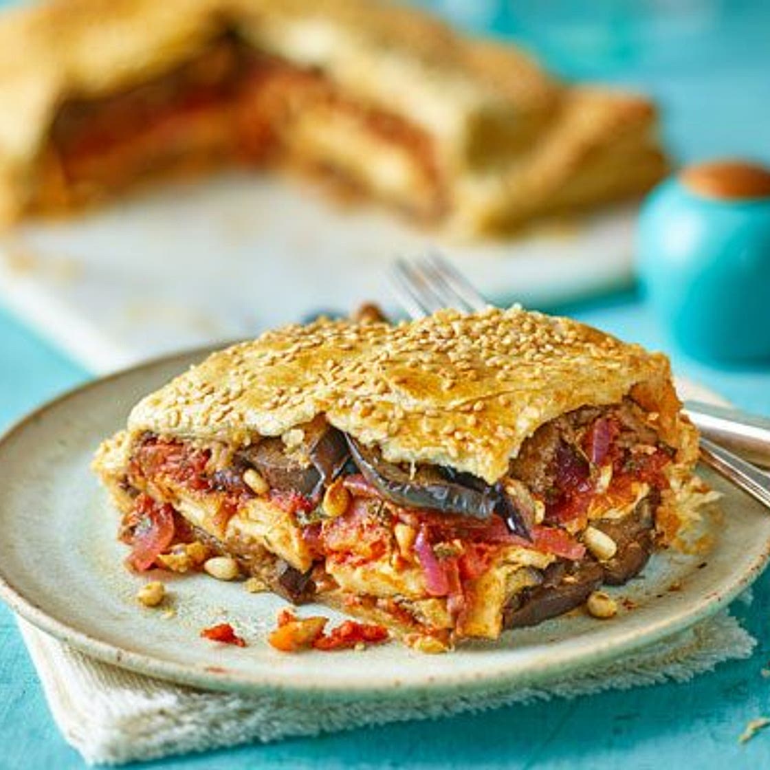 Aubergine, tomato & halloumi pie