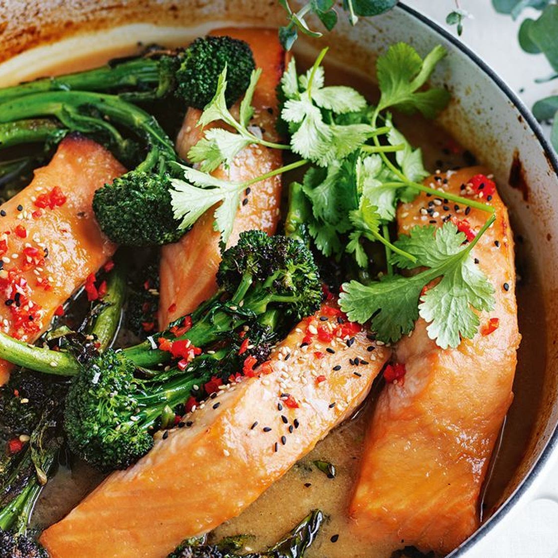 Honey and miso baked salmon with broccolini and coriander