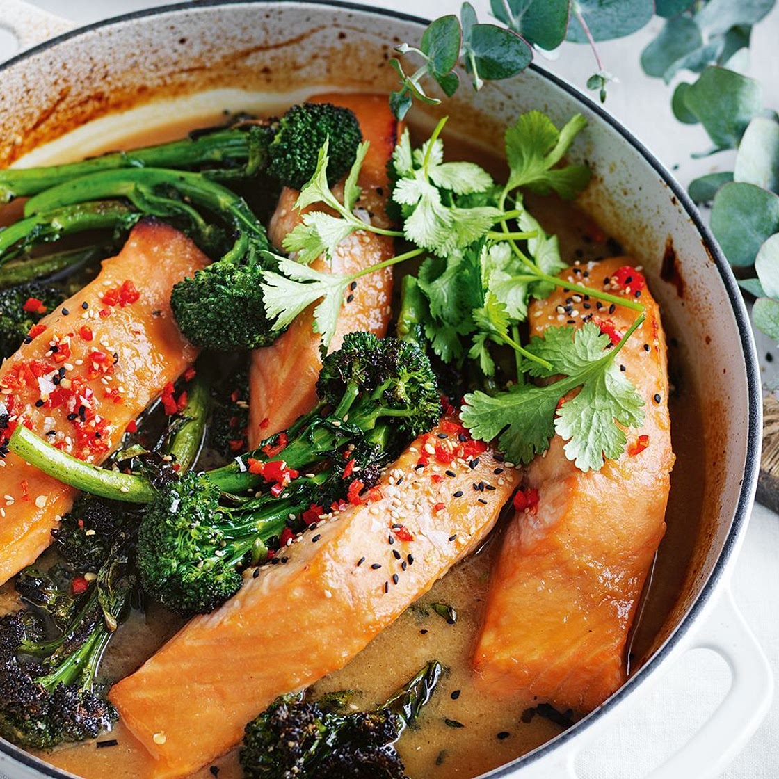 Honey and miso baked salmon with broccolini and coriander