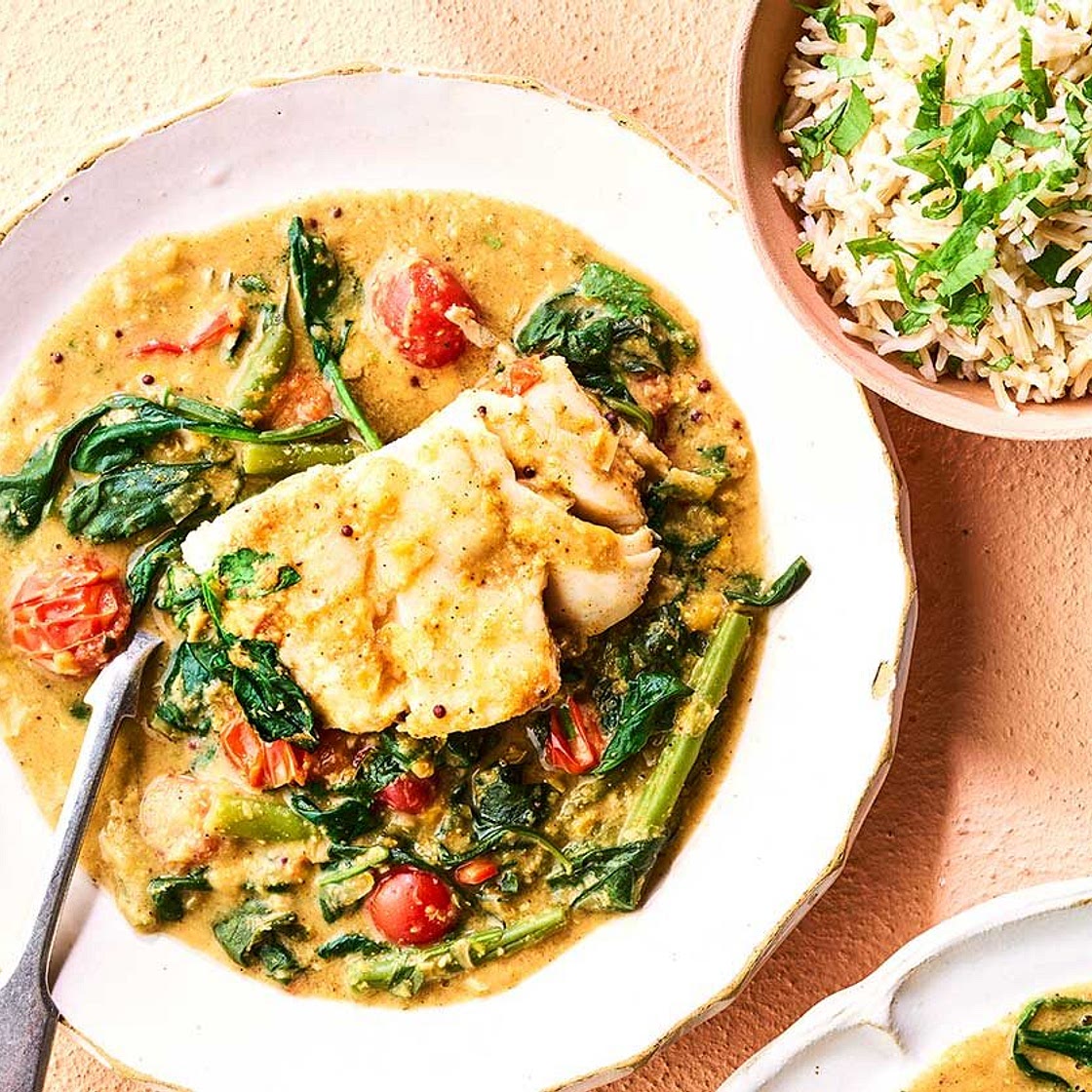 Curried bean & coconut cod