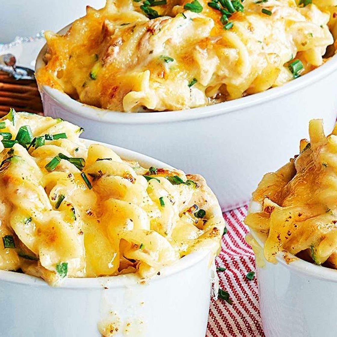Individual creamy tuna pasta bakes