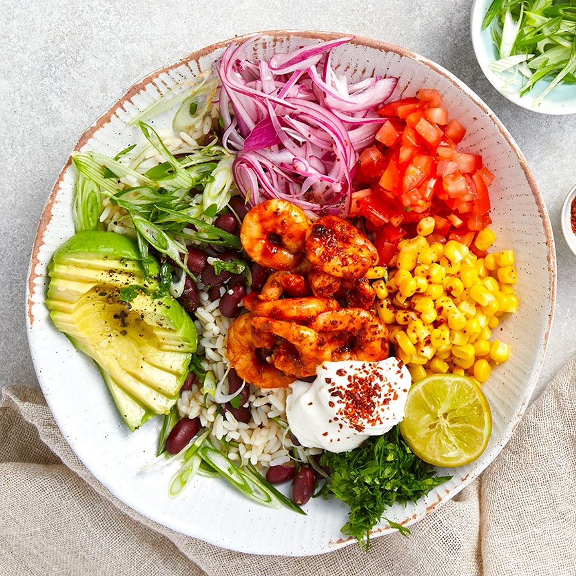 Chipotle & lime prawn burrito bowls