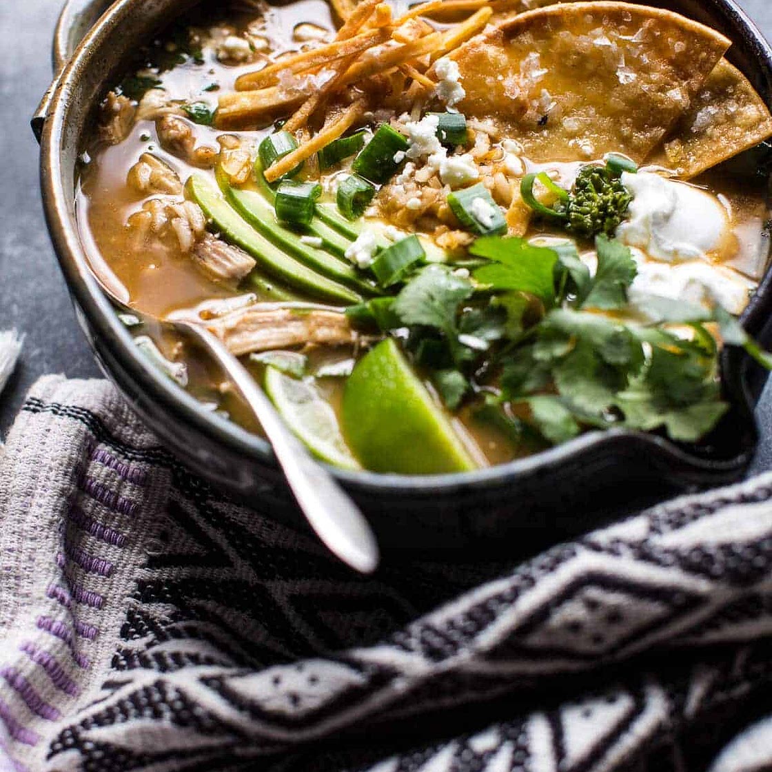 Salsa Verde Chicken and Rice Tortilla Soup