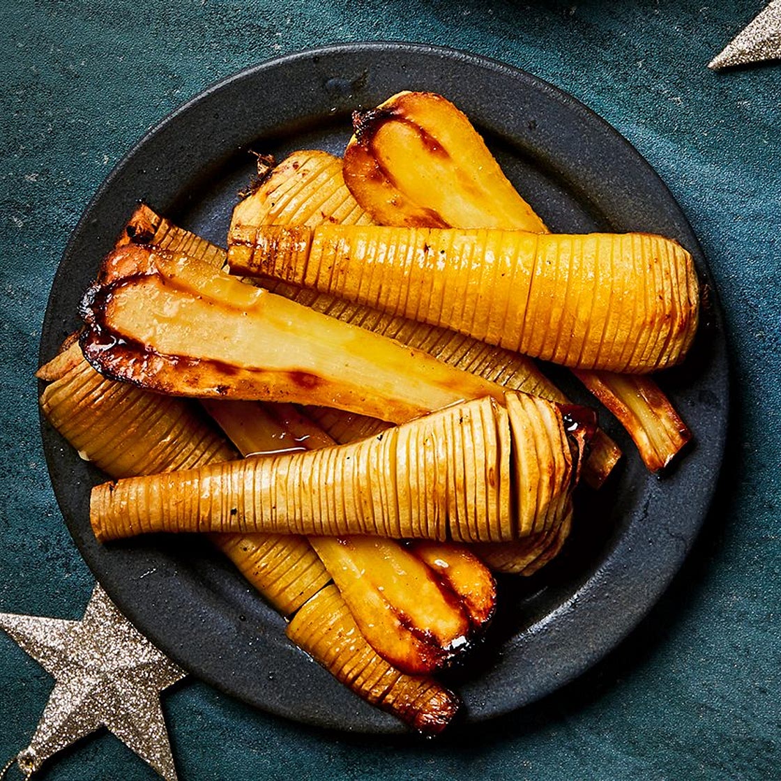 Hasselback parsnips with orange & maple syrup