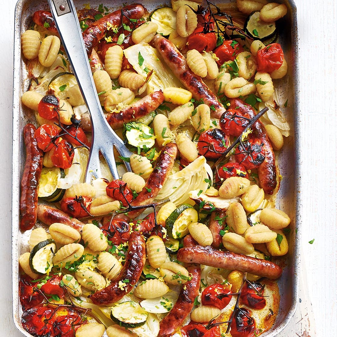 Mediterranean sausage, vegetable and gnocchi traybake