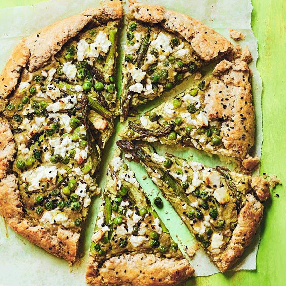 Spring vegetable, feta and miso-sesame galette