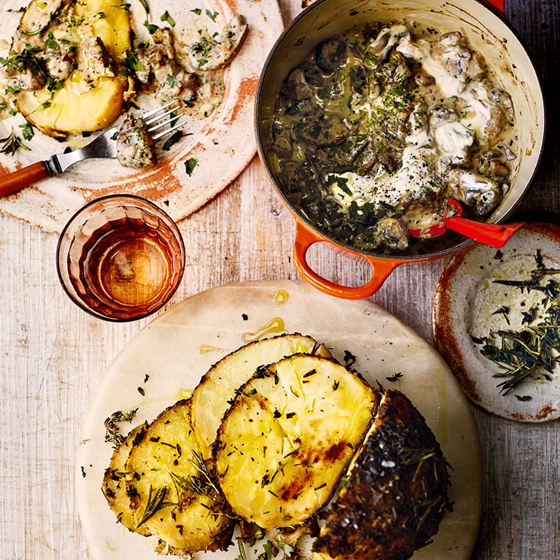 Whole roasted celeriac in porcini butter