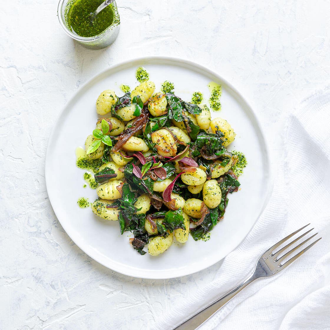 Gnocchi with Sautéed Swiss Chard and Kale Pesto