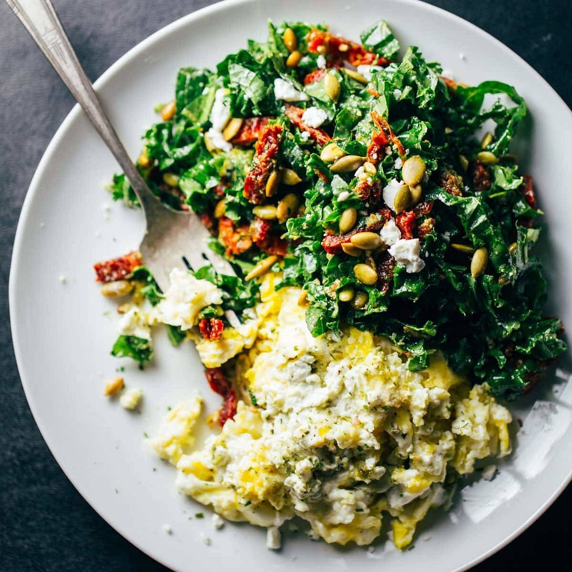 Goat Cheese Scrambled Eggs with Pesto Veggies