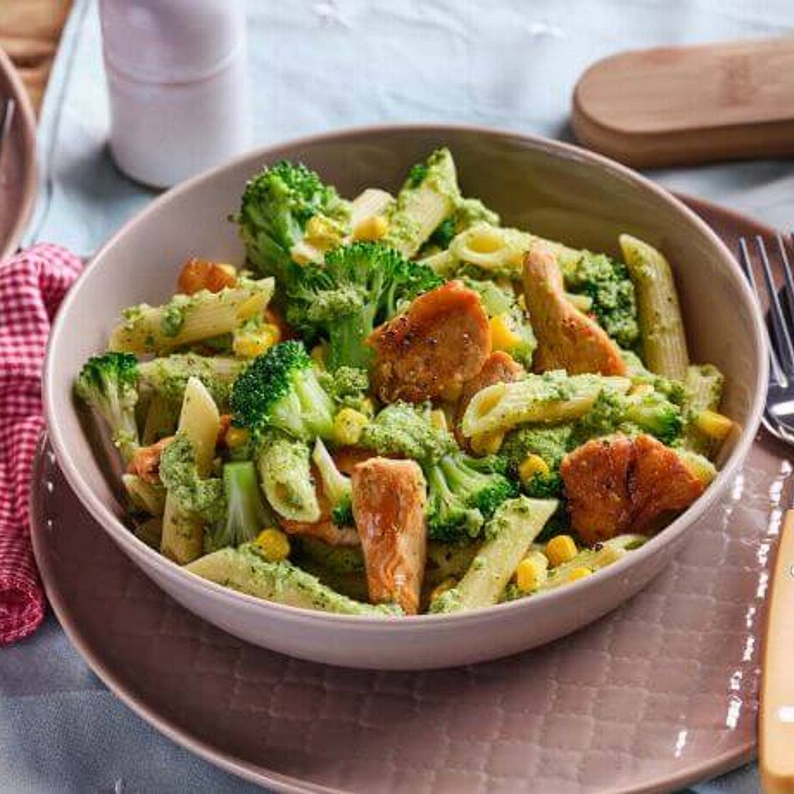 Brokkoli-Nudeln mit Hähnchen und Mais