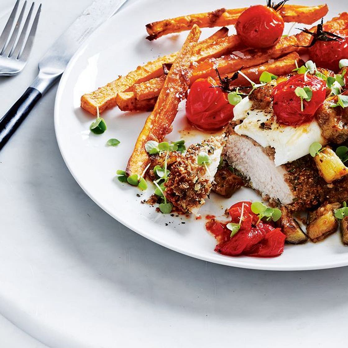 Rye chicken parmigiana with sweet potato fries