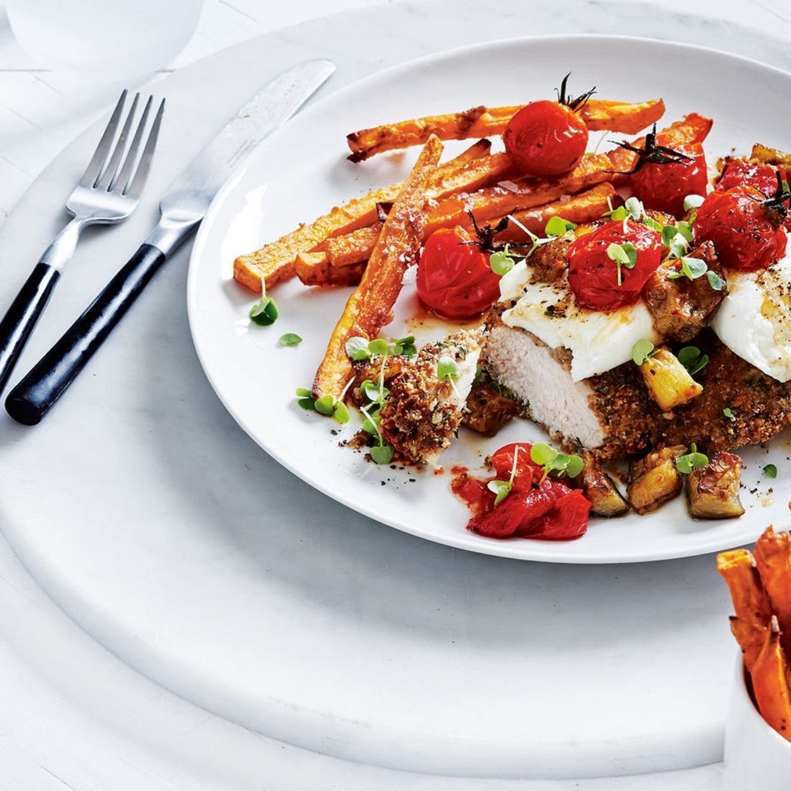 Rye chicken parmigiana with sweet potato fries