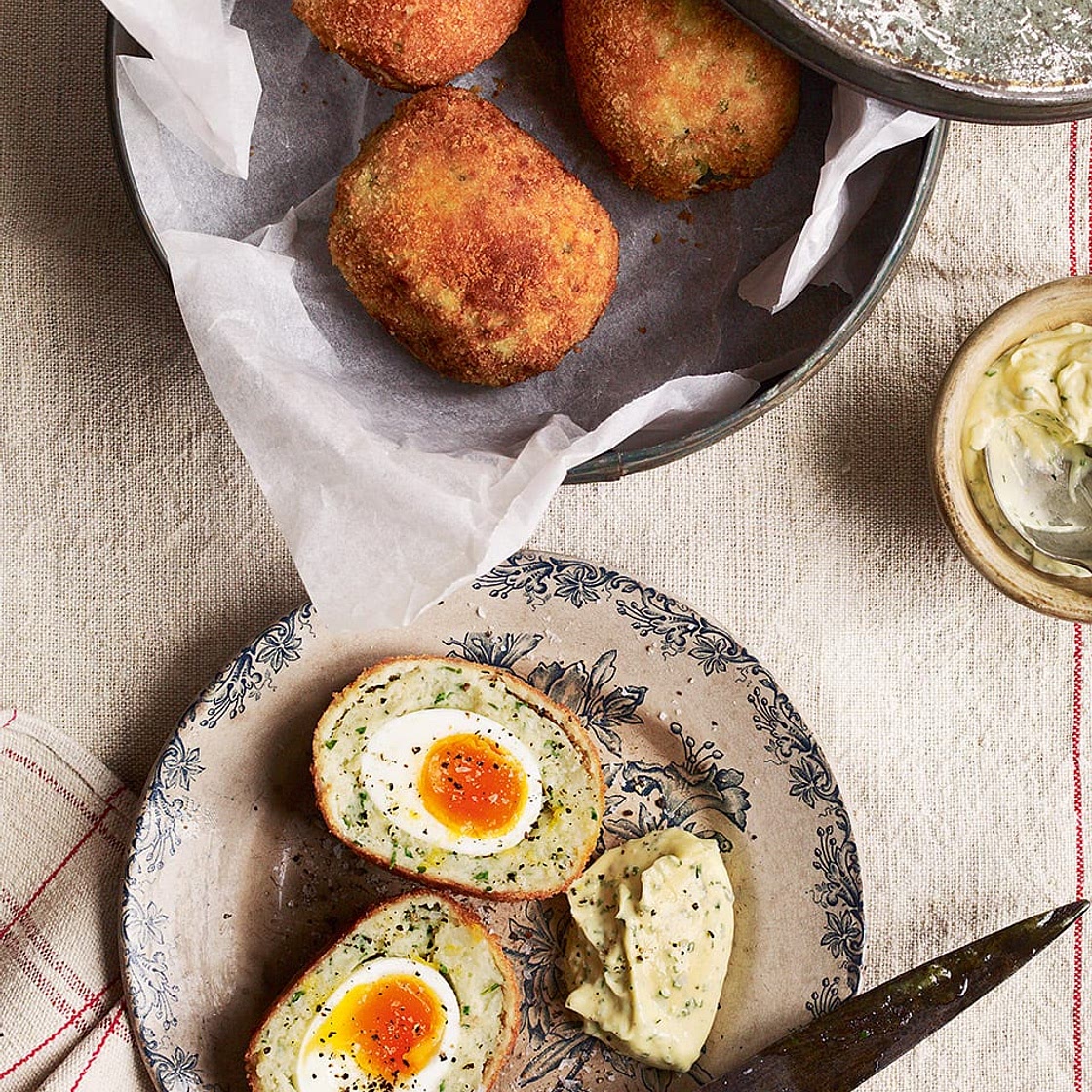 Smoked haddock scotch eggs with lemon mayo