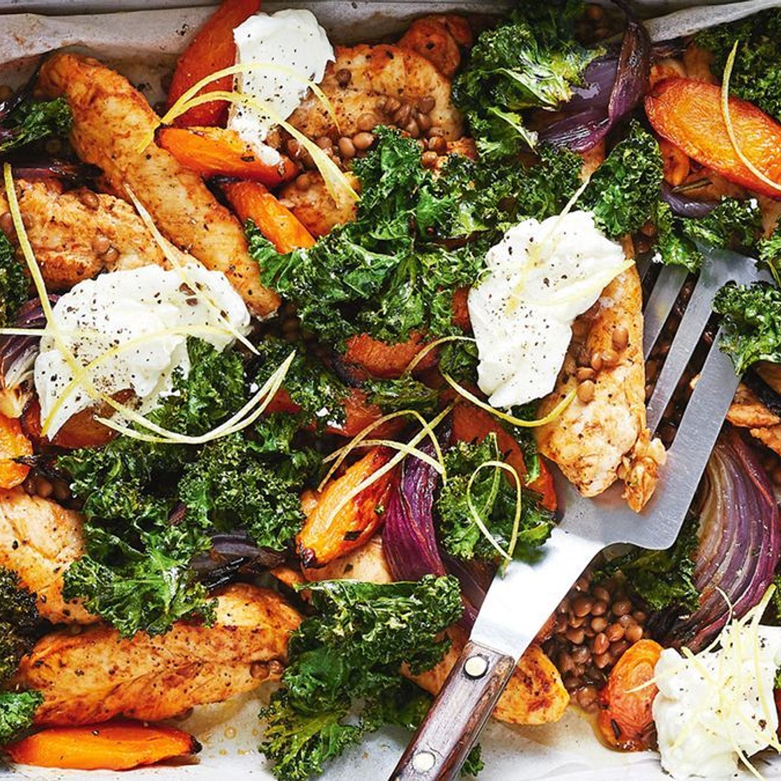 Healthy harissa chicken, lentil and kale tray bake recipe