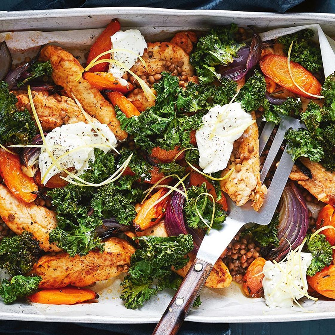 Healthy harissa chicken, lentil and kale tray bake recipe