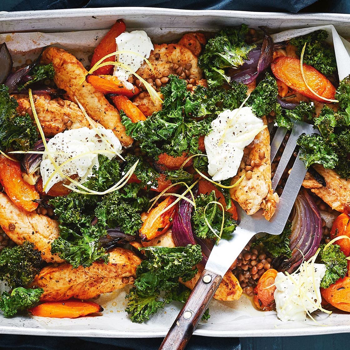 Healthy harissa chicken, lentil and kale tray bake recipe