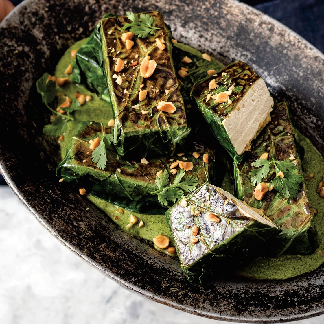 Jerk Tofu Wrapped in Collard Leaves