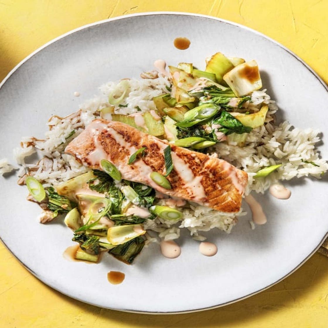 Pan-Fried Salmon and Soy-Glazed Bok Choy with Sriracha Mayo and Ginger-Infused Jasmine Rice
