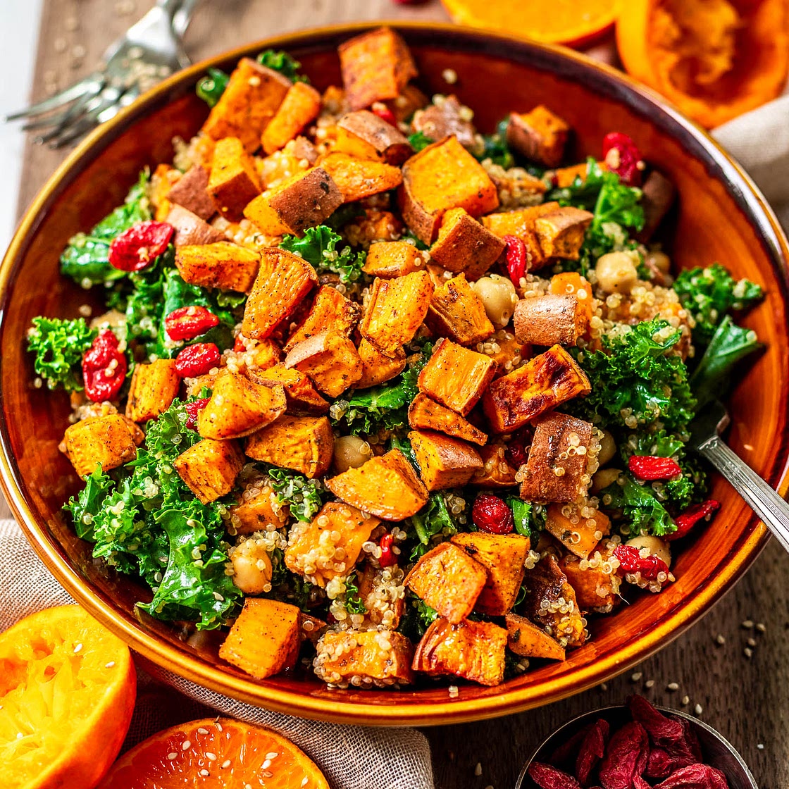 Kale Salad with Chickpea, Quinoa, and Roasted Sweet Potato