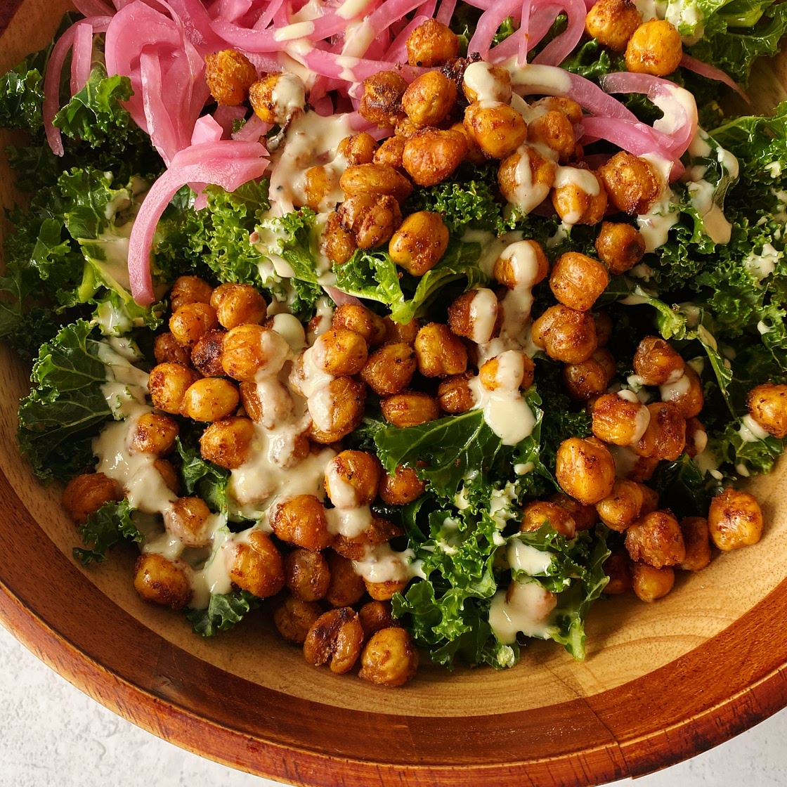 Kale Tahini Caesar Salad with Chickpea Croutons