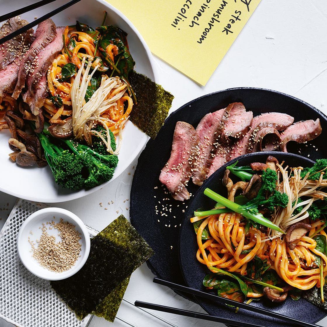 Sesame beef with gochujang udon noodles