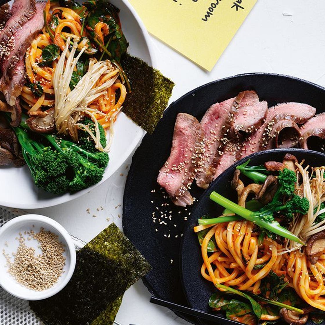Sesame beef with gochujang udon noodles