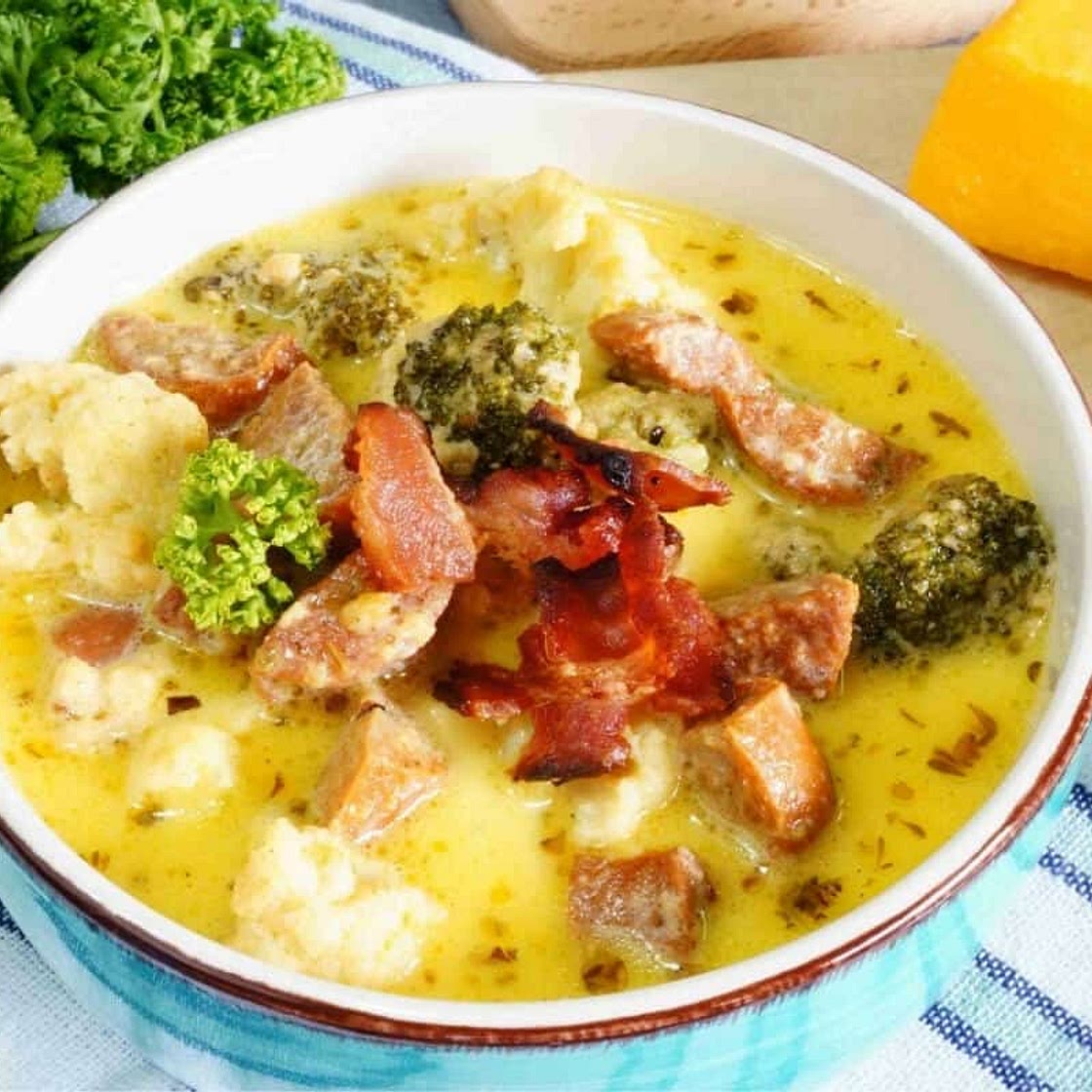 Broccoli Cauliflower Cheese Soup with Sausage