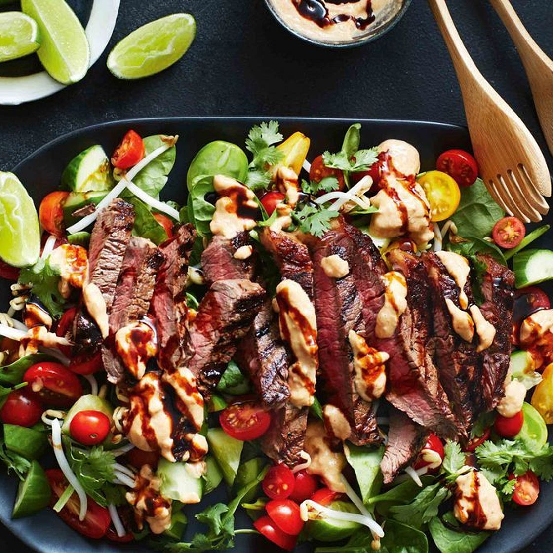 Beef steak with satay sauce and sprout salad