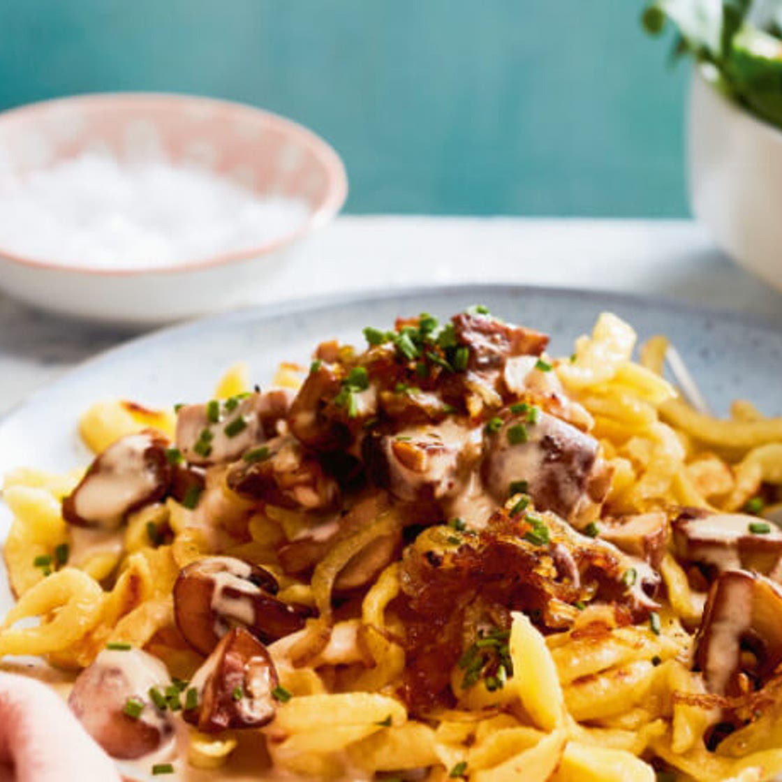 Spätzle in Rahm-Champignons mit geschmorten Zwiebeln und Salat