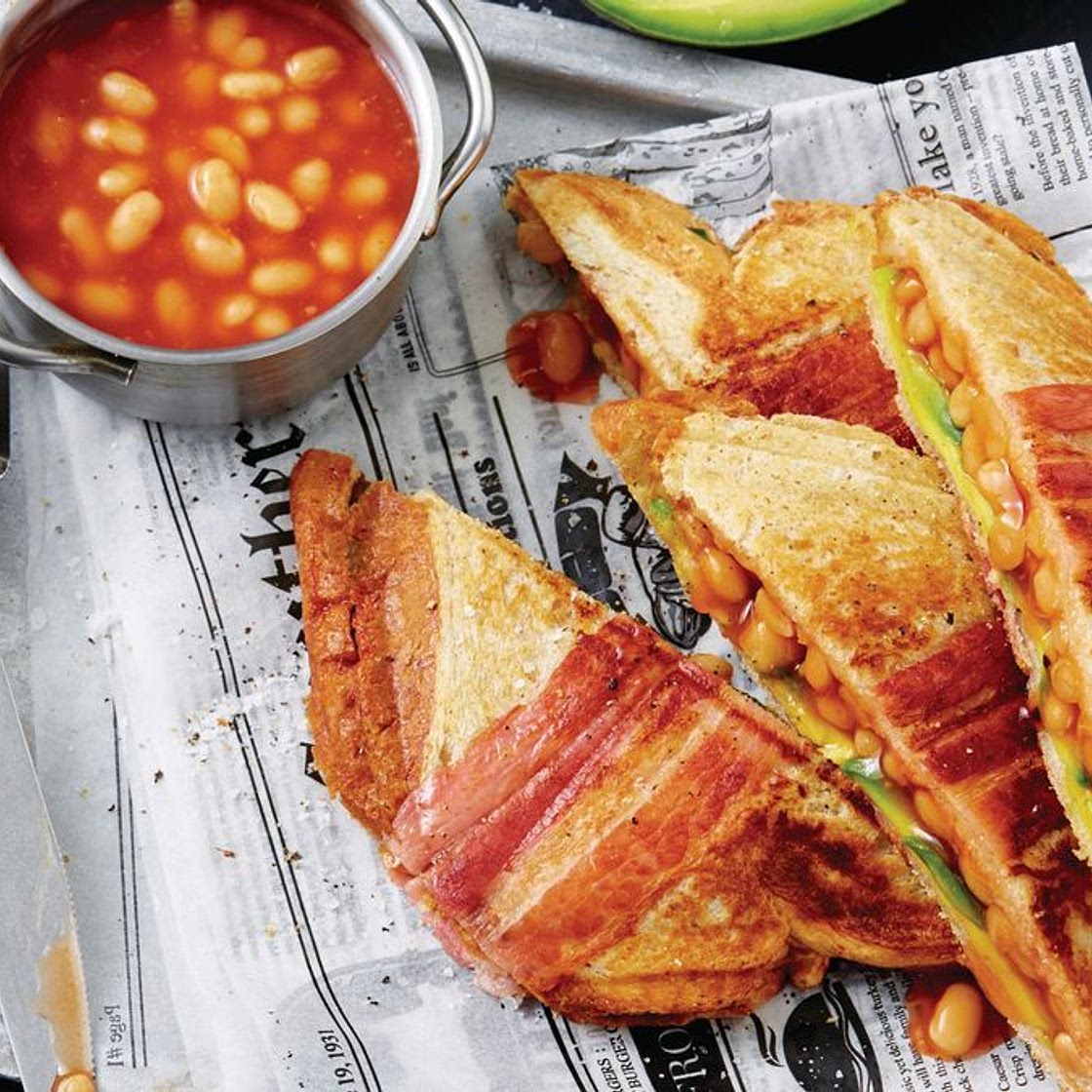 Baked bean and avocado jaffles with crispy bacon recipe