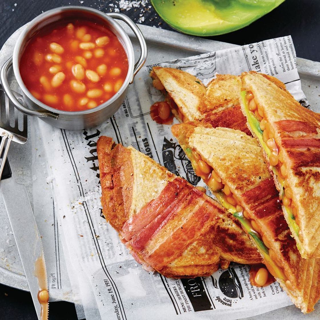 Baked bean and avocado jaffles with crispy bacon recipe