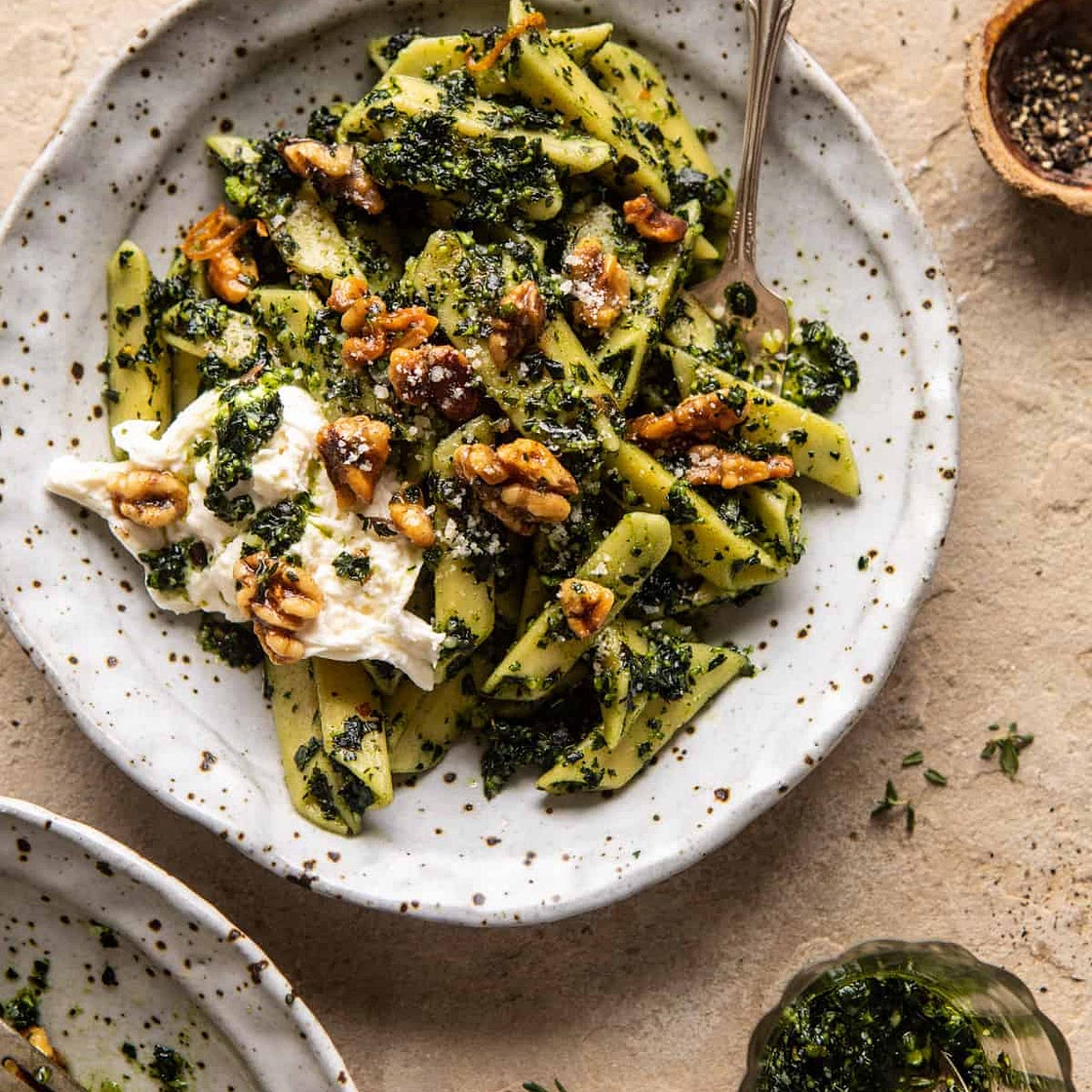 Herby Kale Pesto Pasta with Buttery Walnuts