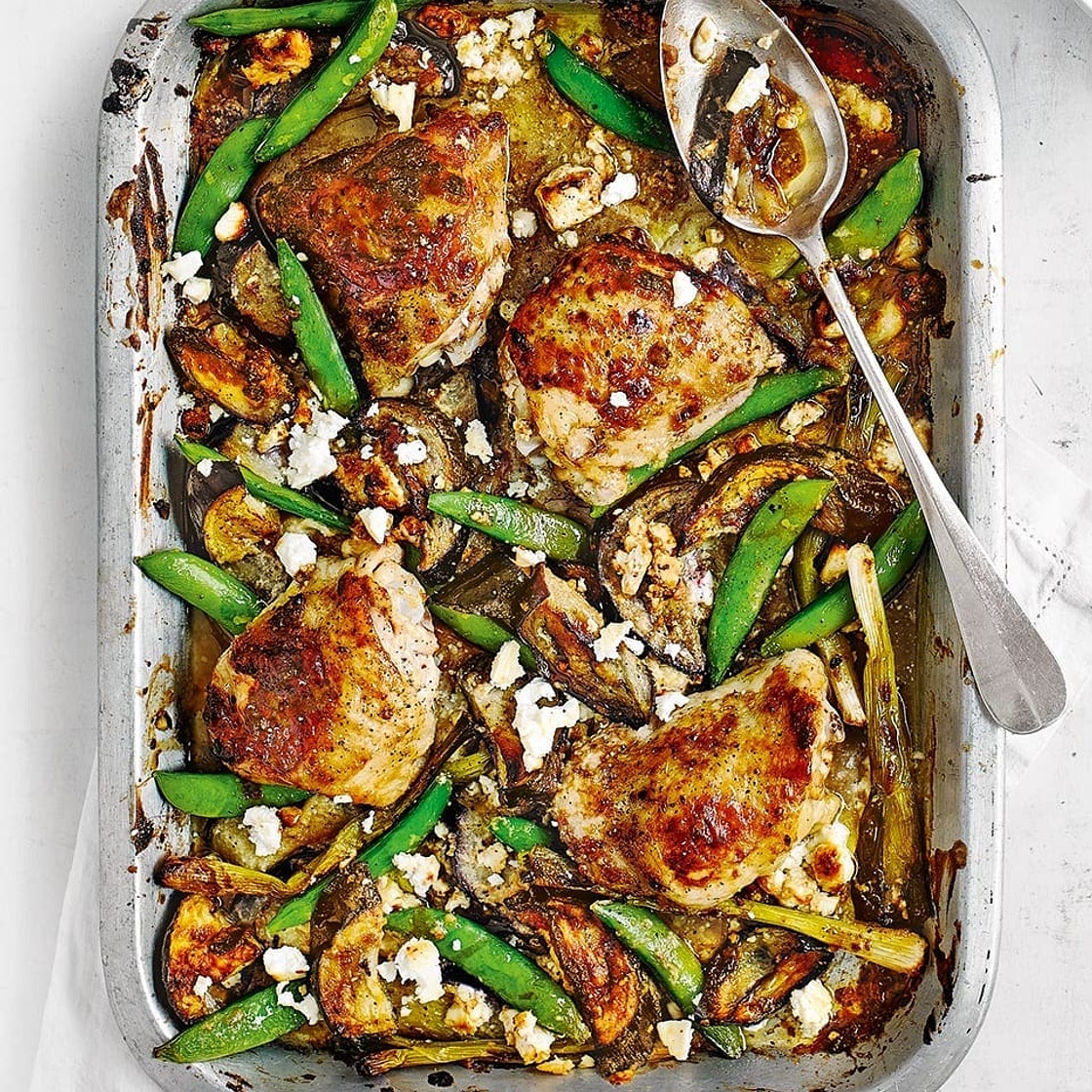 Chicken, feta, tahini and aubergine traybake